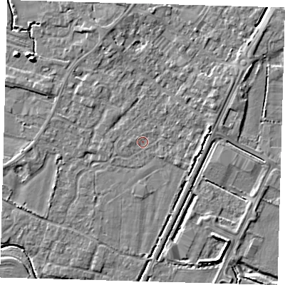 Shaded relief map of the ground around PE201JT, computed from Environment Agency LiDAR. The ground here sits at about 3 m above sea level and falls 7 m across the surrounding 800 m. Surface water reaching this point runs off ground lying to the west, 0.5 m higher.
