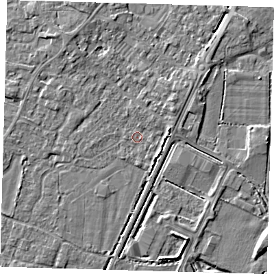 Shaded relief map of the ground around PE201JU, computed from Environment Agency LiDAR. The ground here sits at about 3 m above sea level and falls 5 m across the surrounding 800 m. Surface water reaching this point runs off ground lying to the east-north-east, 2.4 m higher.