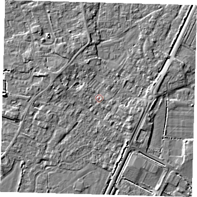 Shaded relief map of the ground around PE201JY, computed from Environment Agency LiDAR. The ground here sits at about 4 m above sea level and falls 6 m across the surrounding 800 m. Surface water reaching this point runs off ground lying to the east-south-east, 0.8 m higher.