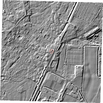 Shaded relief map of the ground around PE201LB, computed from Environment Agency LiDAR. The ground here sits at about 4 m above sea level and falls 4 m across the surrounding 800 m. Surface water reaching this point runs off ground lying to the south-south-west, 1.1 m higher.