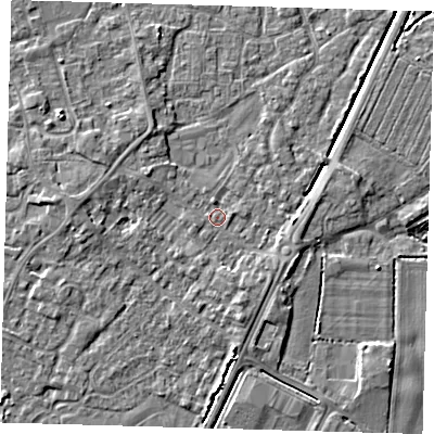 Shaded relief map of the ground around PE201LD, computed from Environment Agency LiDAR. The ground here sits at about 3 m above sea level and falls 4 m across the surrounding 800 m. Surface water reaching this point runs off ground lying to the south-south-east, 2.2 m higher.