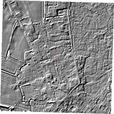 Shaded relief map of the ground around PE201LG, computed from Environment Agency LiDAR. The ground here sits at about 4 m above sea level and falls 5 m across the surrounding 800 m. Surface water reaching this point runs off ground lying to the west-south-west, 0.8 m higher.