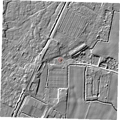 Shaded relief map of the ground around PE201LP, computed from Environment Agency LiDAR. The ground here sits at about 3 m above sea level and falls 4 m across the surrounding 800 m. Surface water reaching this point runs off ground lying to the west, 2.1 m higher.