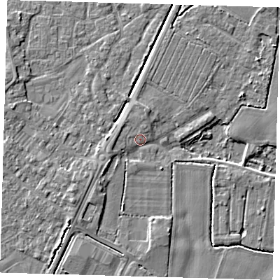 Shaded relief map of the ground around PE201LQ, computed from Environment Agency LiDAR. The ground here sits at about 4 m above sea level and falls 4 m across the surrounding 800 m. Surface water reaching this point runs off ground lying to the west-south-west, 2.1 m higher.