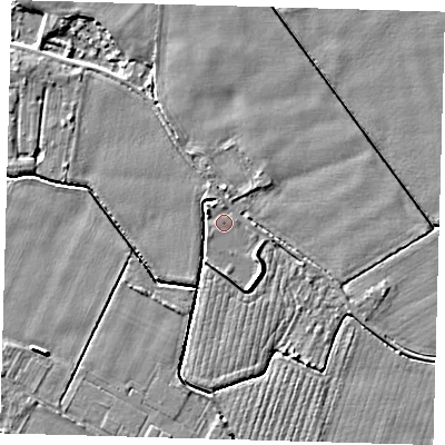 Shaded relief map of the ground around PE201LR, computed from Environment Agency LiDAR. The ground here sits at about 3 m above sea level and falls 4 m across the surrounding 800 m. Surface water reaching this point runs off ground lying to the south-east, 2.2 m higher.