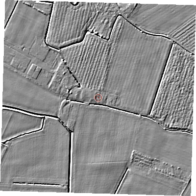 Shaded relief map of the ground around PE201LS, computed from Environment Agency LiDAR. The ground here sits at about 3 m above sea level and falls 5 m across the surrounding 800 m. Surface water reaching this point runs off ground lying to the north-north-west, 0.5 m higher.