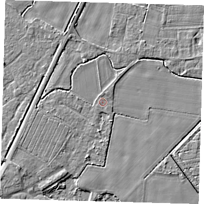 Shaded relief map of the ground around PE201LW, computed from Environment Agency LiDAR. The ground here sits at about 3 m above sea level and falls 4 m across the surrounding 800 m. Surface water reaching this point runs off ground lying to the north-north-west, 0.6 m higher.