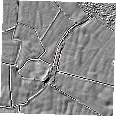Shaded relief map of the ground around PE201NB, computed from Environment Agency LiDAR. The ground here sits at about 3 m above sea level and falls 3 m across the surrounding 800 m. Surface water reaching this point runs off ground lying to the south-south-west, 2.1 m higher.
