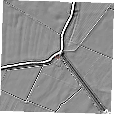 Shaded relief map of the ground around PE201ND, computed from Environment Agency LiDAR. The ground here sits at about 4 m above sea level and falls 8 m across the surrounding 800 m. Surface water reaching this point runs off ground lying to the north-north-east, 6.1 m higher.