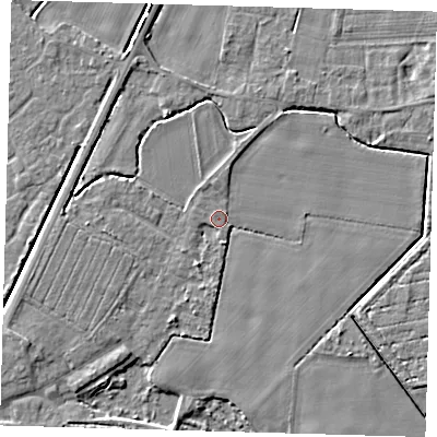 Shaded relief map of the ground around PE201NE, computed from Environment Agency LiDAR. The ground here sits at about 3 m above sea level and falls 4 m across the surrounding 800 m. Surface water reaching this point runs off ground lying to the south-east, 2.7 m higher.