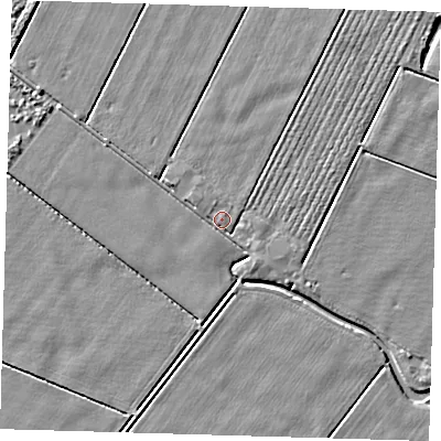 Shaded relief map of the ground around PE201NF, computed from Environment Agency LiDAR. The ground here sits at about 4 m above sea level and falls 3 m across the surrounding 800 m. Surface water reaching this point runs off ground lying to the north-west, 1.2 m higher.