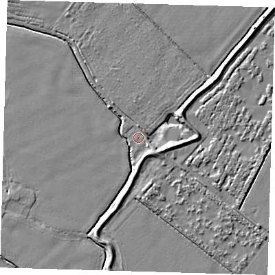 Shaded relief map of the ground around PE201NG, computed from Environment Agency LiDAR. The ground here sits at about 3 m above sea level and falls 6 m across the surrounding 800 m. Surface water reaching this point runs off ground lying to the east, 5.1 m higher.
