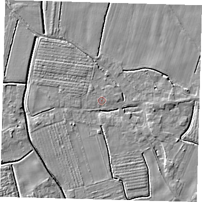 Shaded relief map of the ground around PE201NS, computed from Environment Agency LiDAR. The ground here sits at about 3 m above sea level and falls 5 m across the surrounding 800 m. Surface water reaching this point runs off ground lying to the east, 3.2 m higher.