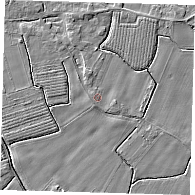 Shaded relief map of the ground around PE201NW, computed from Environment Agency LiDAR. The ground here sits at about 4 m above sea level and falls 4 m across the surrounding 800 m. Surface water reaching this point runs off ground lying to the east-south-east, 1.1 m higher.