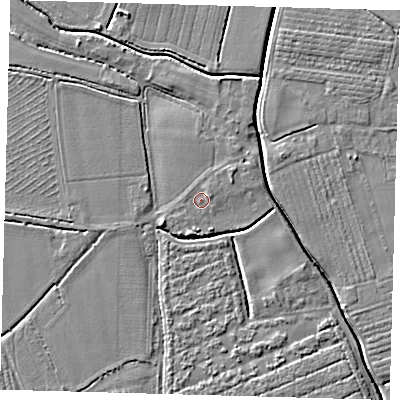 Shaded relief map of the ground around PE201PB, computed from Environment Agency LiDAR. The ground here sits at about 3 m above sea level and falls 4 m across the surrounding 800 m. Surface water reaching this point runs off ground lying to the north-east, 1.4 m higher.