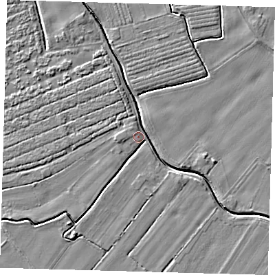 Shaded relief map of the ground around PE201PE, computed from Environment Agency LiDAR. The ground here sits at about 4 m above sea level and falls 4 m across the surrounding 800 m. Surface water reaching this point runs off ground lying to the south, 2.6 m higher.
