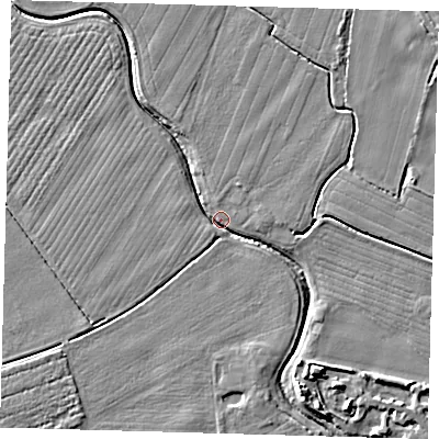 Shaded relief map of the ground around PE201PF, computed from Environment Agency LiDAR. The ground here sits at about 3 m above sea level and falls 6 m across the surrounding 800 m. Surface water reaching this point runs off ground lying to the north-north-east, 2.9 m higher.