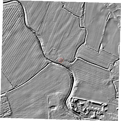 Shaded relief map of the ground around PE201PG, computed from Environment Agency LiDAR. The ground here sits at about 4 m above sea level and falls 6 m across the surrounding 800 m. Surface water reaching this point runs off ground lying to the north, 0.5 m higher.
