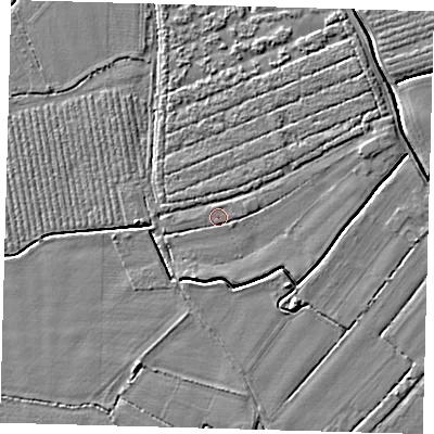 Shaded relief map of the ground around PE201PP, computed from Environment Agency LiDAR. The ground here sits at about 3 m above sea level and falls 4 m across the surrounding 800 m. Surface water reaching this point runs off ground lying to the east-north-east, 1.2 m higher.
