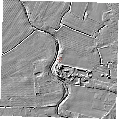 Shaded relief map of the ground around PE201PQ, computed from Environment Agency LiDAR. The ground here sits at about 4 m above sea level and falls 7 m across the surrounding 800 m. Surface water reaching this point runs off ground lying to the east-south-east, 6.7 m higher.