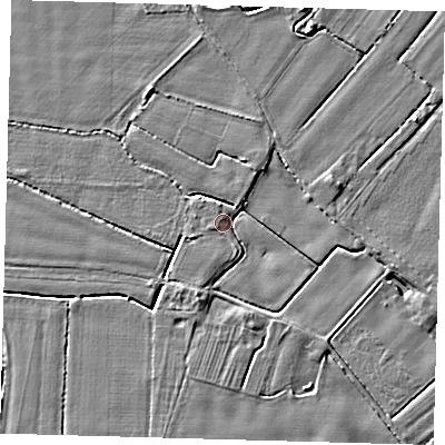Shaded relief map of the ground around PE201PR, computed from Environment Agency LiDAR. The ground here sits at about 3 m above sea level and falls 4 m across the surrounding 800 m. Surface water reaching this point runs off ground lying to the south-south-west, 2.6 m higher.