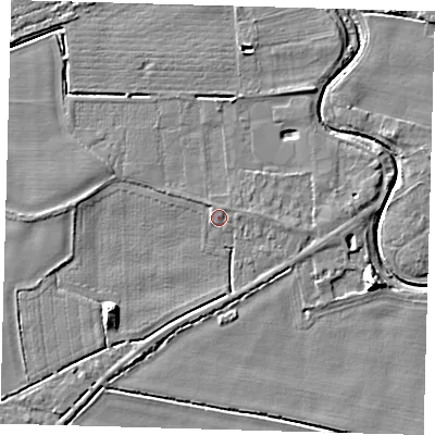 Shaded relief map of the ground around PE201PS, computed from Environment Agency LiDAR. The ground here sits at about 3 m above sea level and falls 7 m across the surrounding 800 m. Surface water reaching this point runs off ground lying to the east, 0.8 m higher.