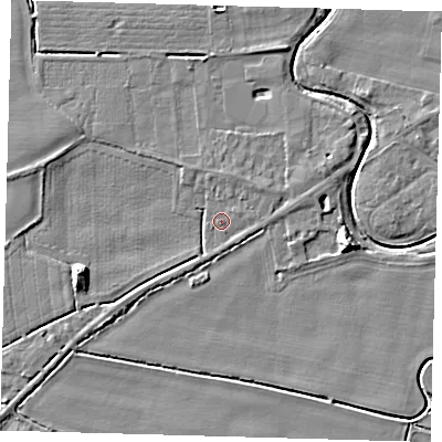 Shaded relief map of the ground around PE201PU, computed from Environment Agency LiDAR. The ground here sits at about 3 m above sea level and falls 7 m across the surrounding 800 m. Surface water reaching this point runs off ground lying to the north-east, 1.4 m higher.