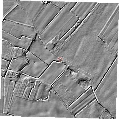 Shaded relief map of the ground around PE201PW, computed from Environment Agency LiDAR. The ground here sits at about 3 m above sea level and falls 4 m across the surrounding 800 m. Surface water reaching this point runs off ground lying to the east-south-east, 2.0 m higher.