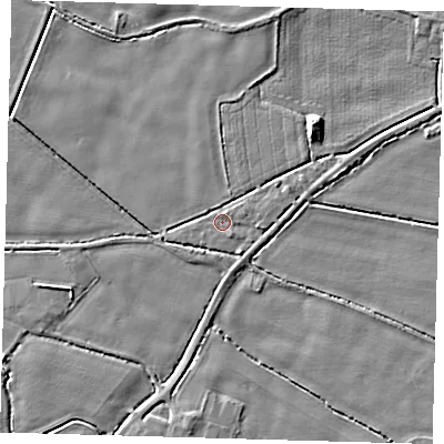 Shaded relief map of the ground around PE201PY, computed from Environment Agency LiDAR. The ground here sits at about 3 m above sea level and falls 6 m across the surrounding 800 m. Surface water reaching this point runs off ground lying to the north-north-east, 2.2 m higher.