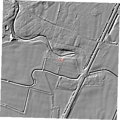 Shaded relief map of the ground around PE201PZ, computed from Environment Agency LiDAR. The ground here sits at about 3 m above sea level and falls 7 m across the surrounding 800 m. Surface water reaching this point runs off ground lying to the north, 3.5 m higher.