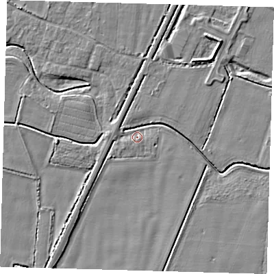 Shaded relief map of the ground around PE201QA, computed from Environment Agency LiDAR. The ground here sits at about 3 m above sea level and falls 5 m across the surrounding 800 m. Surface water reaching this point runs off ground lying to the north, 2.5 m higher.
