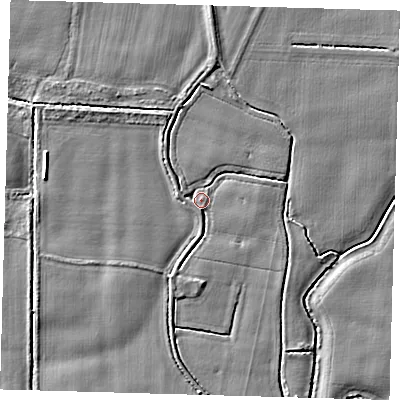 Shaded relief map of the ground around PE201QB, computed from Environment Agency LiDAR. The ground here sits at about 3 m above sea level and falls 4 m across the surrounding 800 m. Surface water reaching this point runs off ground lying to the south, 1.7 m higher.