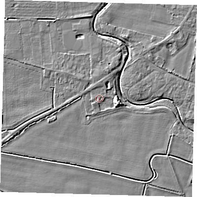 Shaded relief map of the ground around PE201QD, computed from Environment Agency LiDAR. The ground here sits at about 3 m above sea level and falls 7 m across the surrounding 800 m. Surface water reaching this point runs off ground lying to the north, 1.1 m higher.