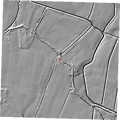 Shaded relief map of the ground around PE201QE, computed from Environment Agency LiDAR. The ground here sits at about 3 m above sea level and falls 4 m across the surrounding 800 m. Surface water reaching this point runs off ground lying to the north, 1.4 m higher.