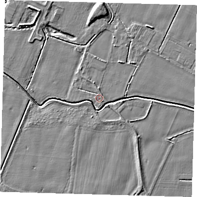 Shaded relief map of the ground around PE201QG, computed from Environment Agency LiDAR. The ground here sits at about 3 m above sea level and falls 5 m across the surrounding 800 m. Surface water reaching this point runs off ground lying to the south, 1.4 m higher.