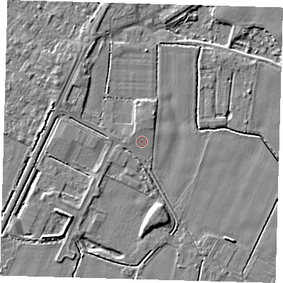 Shaded relief map of the ground around PE201QJ, computed from Environment Agency LiDAR. The ground here sits at about 4 m above sea level and falls 5 m across the surrounding 800 m. Surface water reaching this point runs off ground lying to the north, 1.0 m higher.