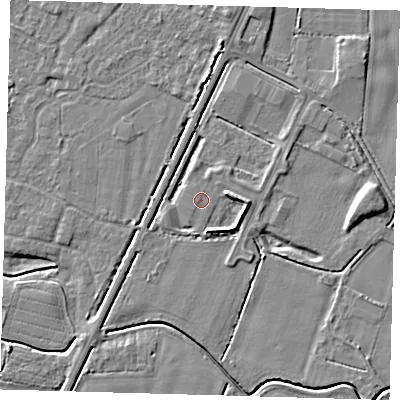 Shaded relief map of the ground around PE201QL, computed from Environment Agency LiDAR. The ground here sits at about 3 m above sea level and falls 5 m across the surrounding 800 m. The ground contributing surface water to this point lies to the south-south-west.