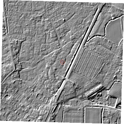 Shaded relief map of the ground around PE201QN, computed from Environment Agency LiDAR. The ground here sits at about 3 m above sea level and falls 4 m across the surrounding 800 m. Surface water reaching this point runs off ground lying to the south, 1.3 m higher.