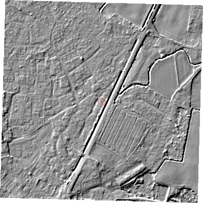 Shaded relief map of the ground around PE201QP, computed from Environment Agency LiDAR. The ground here sits at about 3 m above sea level and falls 4 m across the surrounding 800 m. Surface water reaching this point runs off ground lying to the south-south-west, 1.4 m higher.