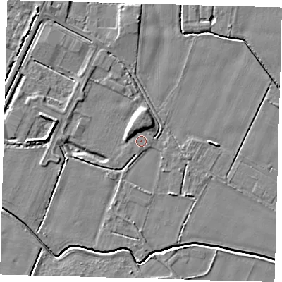 Shaded relief map of the ground around PE201QQ, computed from Environment Agency LiDAR. The ground here sits at about 3 m above sea level and falls 5 m across the surrounding 800 m. Surface water reaching this point runs off ground lying to the north, 2.4 m higher.