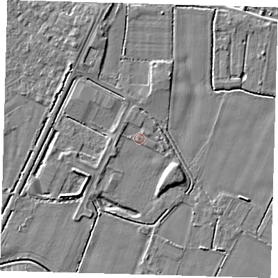 Shaded relief map of the ground around PE201QR, computed from Environment Agency LiDAR. The ground here sits at about 4 m above sea level and falls 5 m across the surrounding 800 m. Surface water reaching this point runs off ground lying to the west, 0.8 m higher.
