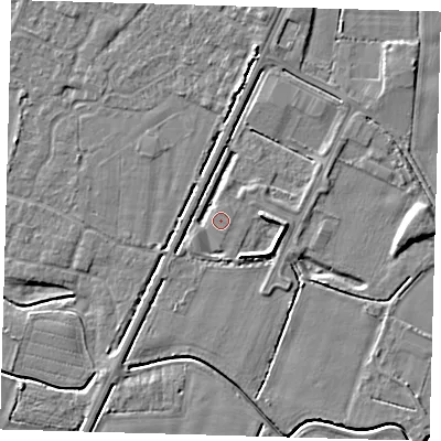 Shaded relief map of the ground around PE201QS, computed from Environment Agency LiDAR. The ground here sits at about 3 m above sea level and falls 5 m across the surrounding 800 m. Surface water reaching this point runs off ground lying to the north-north-east, 2.4 m higher.