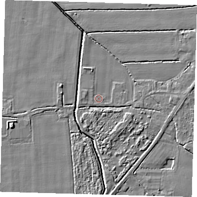 Shaded relief map of the ground around PE201QU, computed from Environment Agency LiDAR. The ground here sits at about 3 m above sea level and falls 6 m across the surrounding 800 m. Surface water reaching this point runs off ground lying to the west, 1.0 m higher.