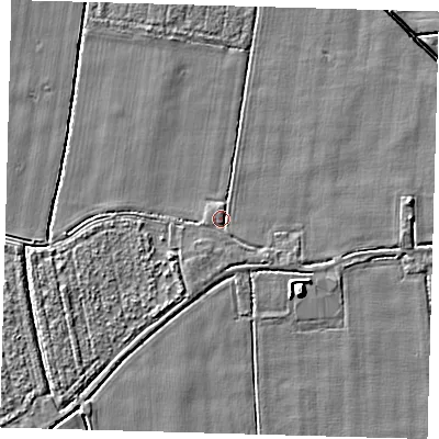 Shaded relief map of the ground around PE201QY, computed from Environment Agency LiDAR. The ground here sits at about 3 m above sea level and falls 6 m across the surrounding 800 m. Surface water reaching this point runs off ground lying to the west, 1.0 m higher.
