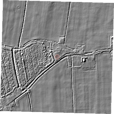 Shaded relief map of the ground around PE201QZ, computed from Environment Agency LiDAR. The ground here sits at about 3 m above sea level and falls 5 m across the surrounding 800 m. The ground contributing surface water to this point lies to the north-north-west.