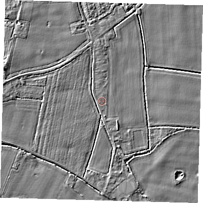 Shaded relief map of the ground around PE201RD, computed from Environment Agency LiDAR. The ground here sits at about 3 m above sea level and falls 4 m across the surrounding 800 m. Surface water reaching this point runs off ground lying to the south-south-east, 2.8 m higher.