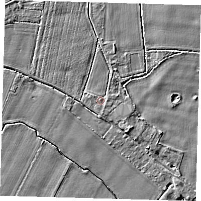 Shaded relief map of the ground around PE201RE, computed from Environment Agency LiDAR. The ground here sits at about 3 m above sea level and falls 3 m across the surrounding 800 m. Surface water reaching this point runs off ground lying to the south, 1.5 m higher.