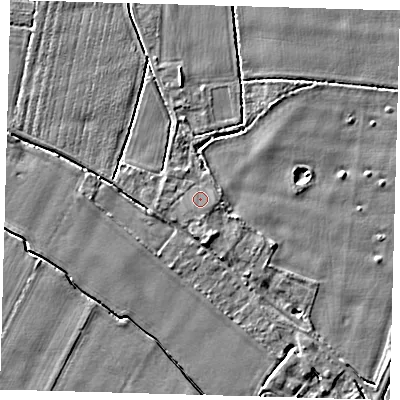 Shaded relief map of the ground around PE201RF, computed from Environment Agency LiDAR. The ground here sits at about 4 m above sea level and falls 3 m across the surrounding 800 m. The ground contributing surface water to this point lies to the east-south-east.