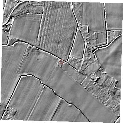 Shaded relief map of the ground around PE201RG, computed from Environment Agency LiDAR. The ground here sits at about 3 m above sea level and falls 3 m across the surrounding 800 m. Surface water reaching this point runs off ground lying to the east-south-east, 2.1 m higher.