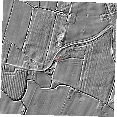 Shaded relief map of the ground around PE201RJ, computed from Environment Agency LiDAR. The ground here sits at about 3 m above sea level and falls 4 m across the surrounding 800 m. Surface water reaching this point runs off ground lying to the south-west, 1.9 m higher.